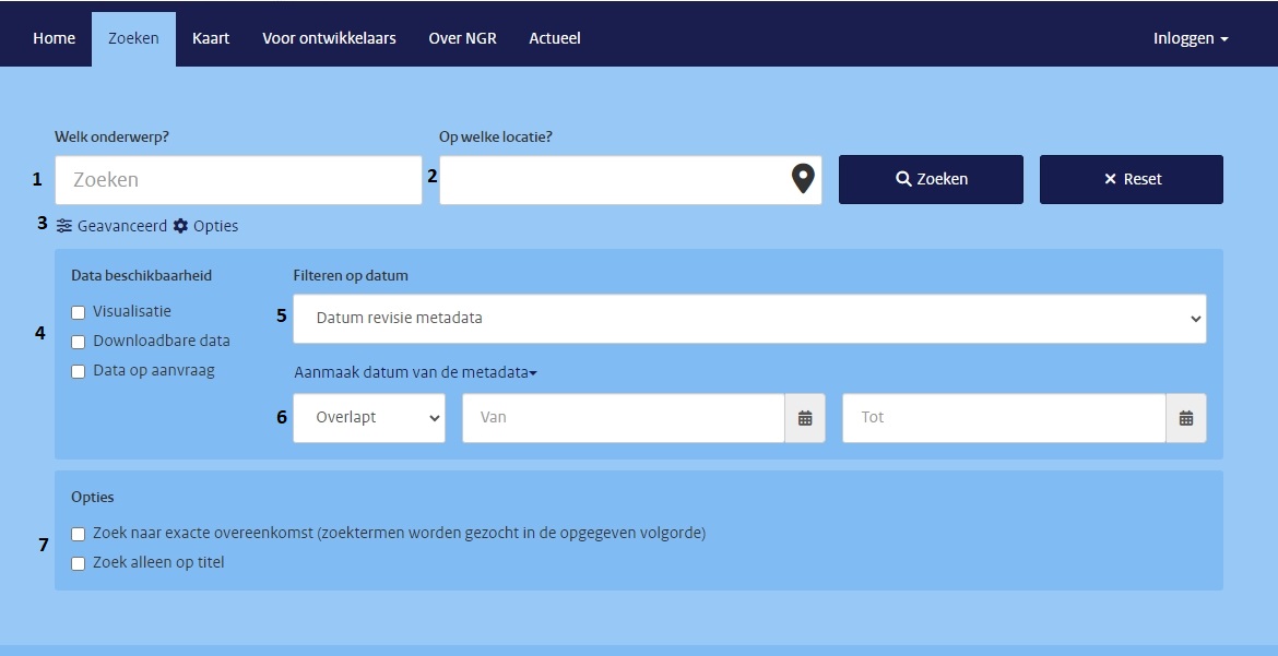 Scherm voor geavanceerd zoeken in NGR