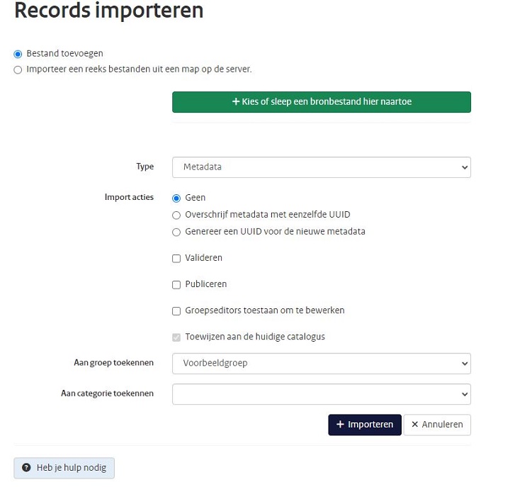 Schermafbeelding van het scherm in het Nationaal Georegister voor het importeren van metadata records via een XML-bestand