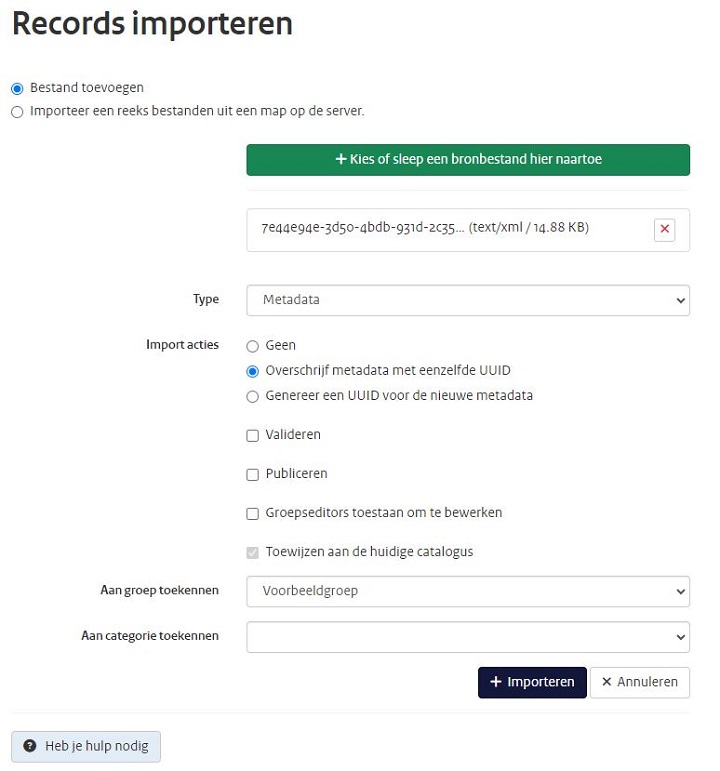 Schermafbeelding van het scherm in het Nationaal Georegister waar importopties voor metadata records worden ingesteld