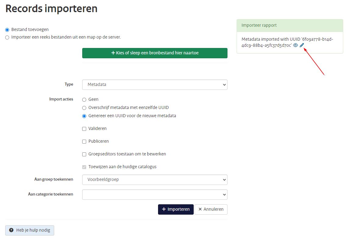 Schermafbeelding van het importeer rapport in het Nationaal Georegister na een succesvolle import van een metadata record