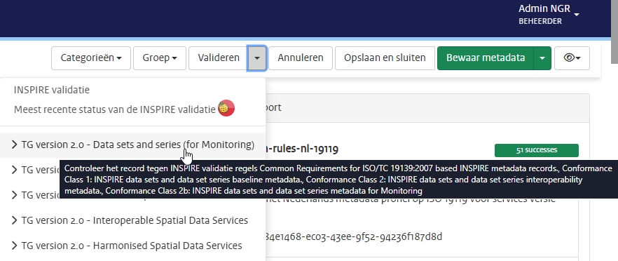 Schermafbeelding van het scherm in het Nationaal Georegister met opties voor INSPIRE validatie van metadata records