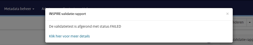 Schermafbeelding van het resultaat van een INSPIRE validatie in het Nationaal Georegister, met een overzicht van de validatiestatus