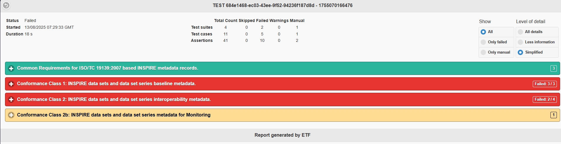 Schermafbeelding van een gedetailleerd INSPIRE validatierapport in het Nationaal Georegister, met specifieke foutdetails