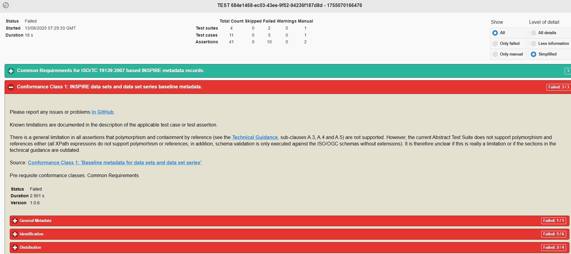 Schermafbeelding van verdere details van een INSPIRE validatie in het Nationaal Georegister, met aanvullende informatie over conformance classes