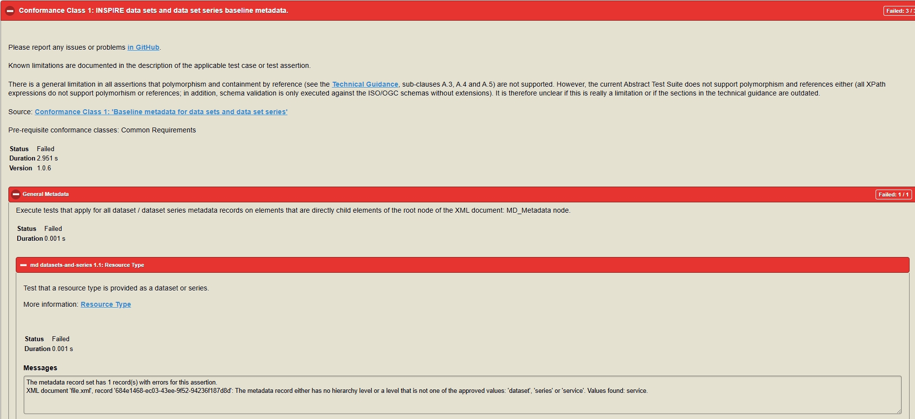 Schermafbeelding van de omschrijving van fouten in een INSPIRE validatie in het Nationaal Georegister, met links naar documentatie