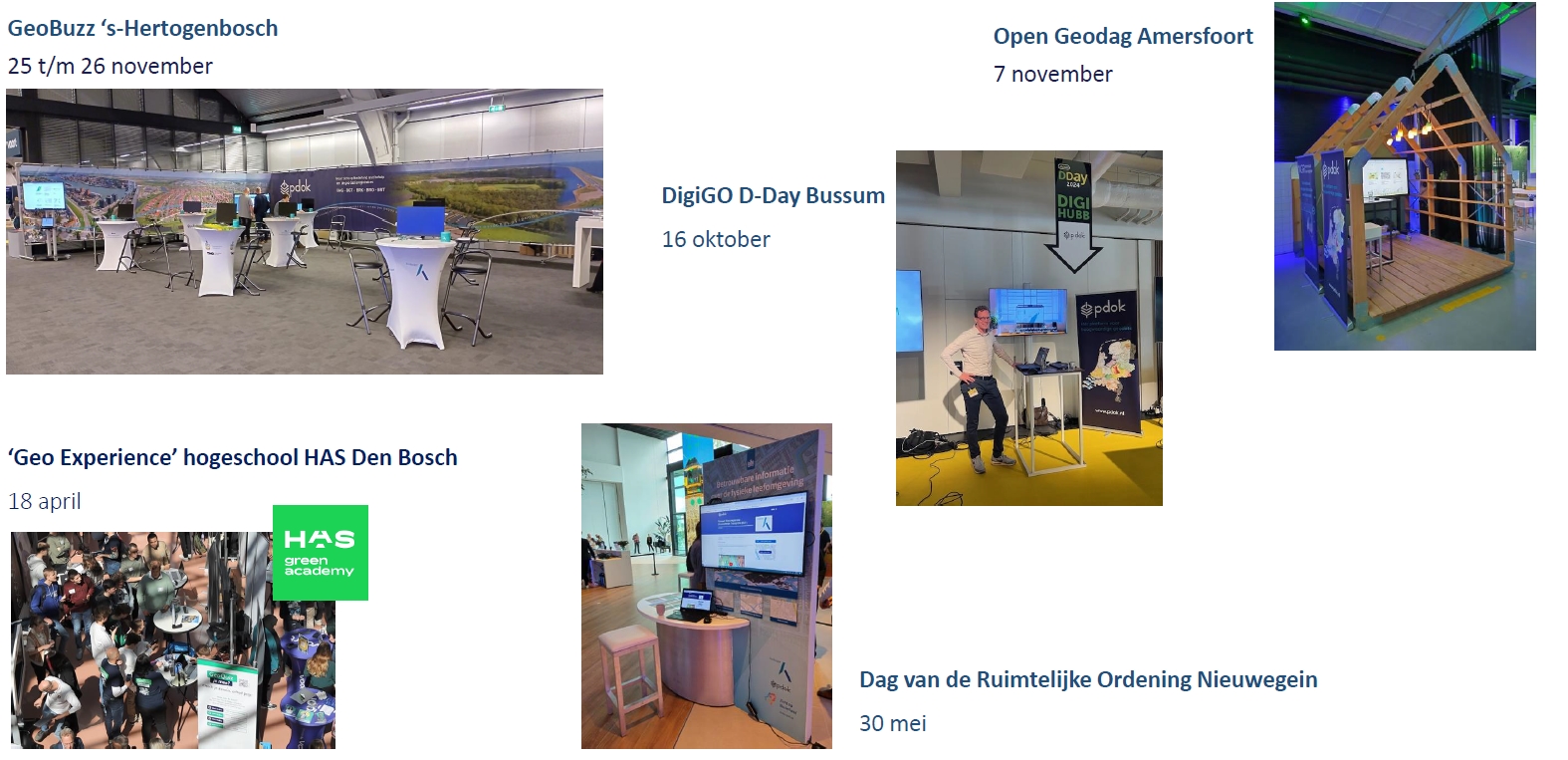 Schermafbeelding van een aantal beurzen waar PDOK dit jaar is geweest