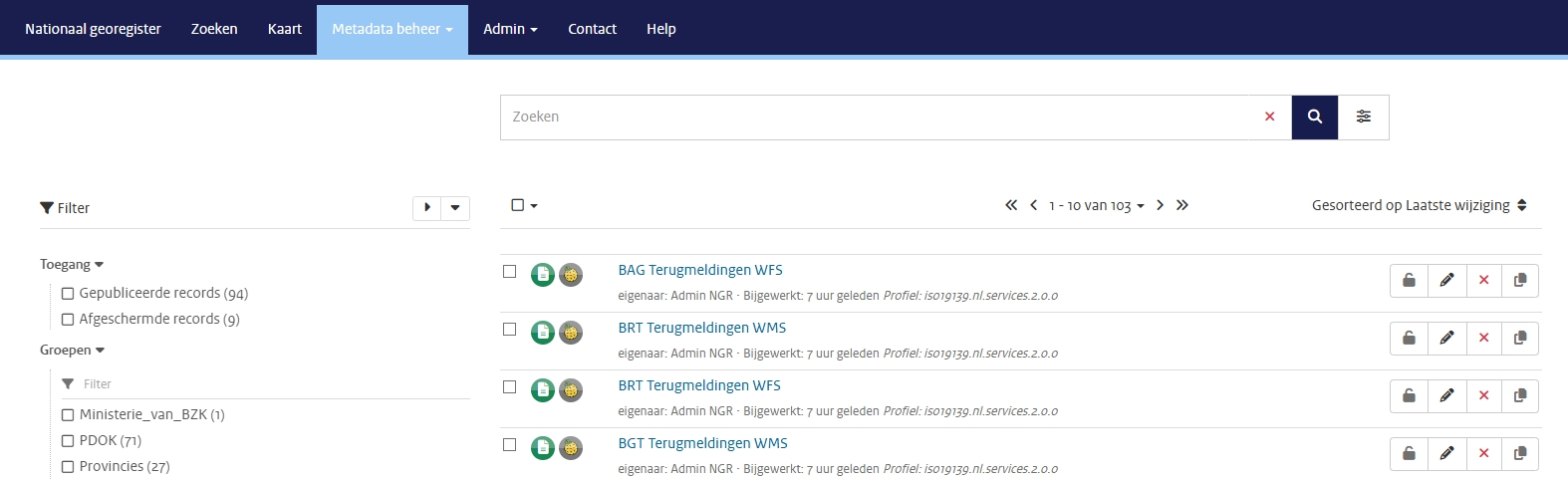 Overzichtscherm met metadata records van de organisatie