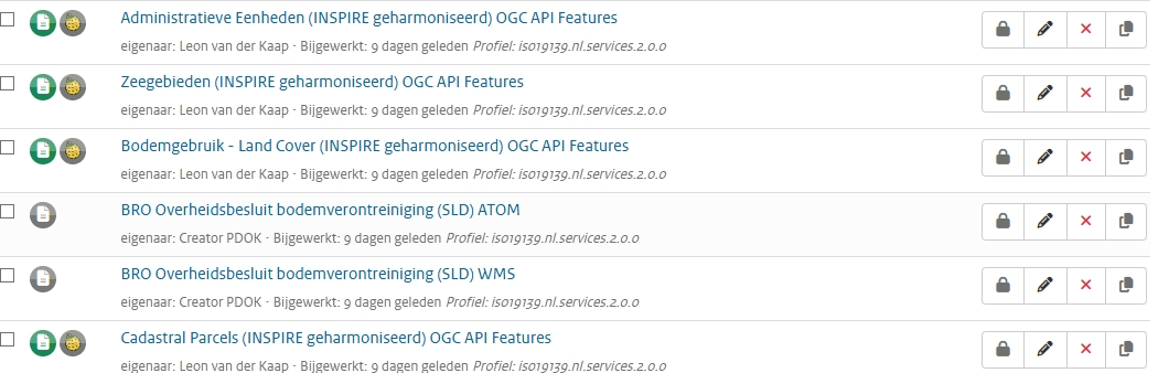 Overzichtscherm met metadata records, met open en gesloten slotjes