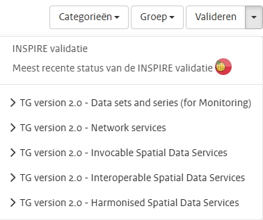 Schermafbeelding van het scherm in het Nationaal Georegister met opties voor het valideren van metadata records