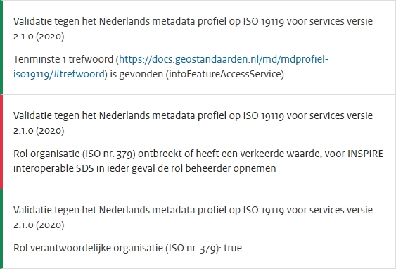 Schermafbeelding van een gedetailleerd validatierapport in het Nationaal Georegister, met een foutmelding zoals een ontbrekend e-mailadres
