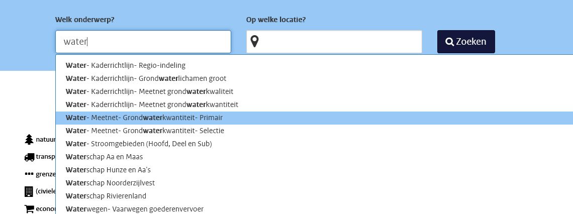 Zoekveld in NGR met invoer 'water'